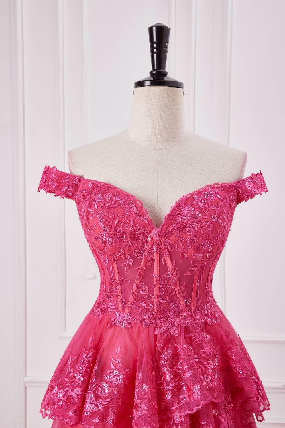 Fuchsia Off the Shoulder Appliques Tiered Formal Dress