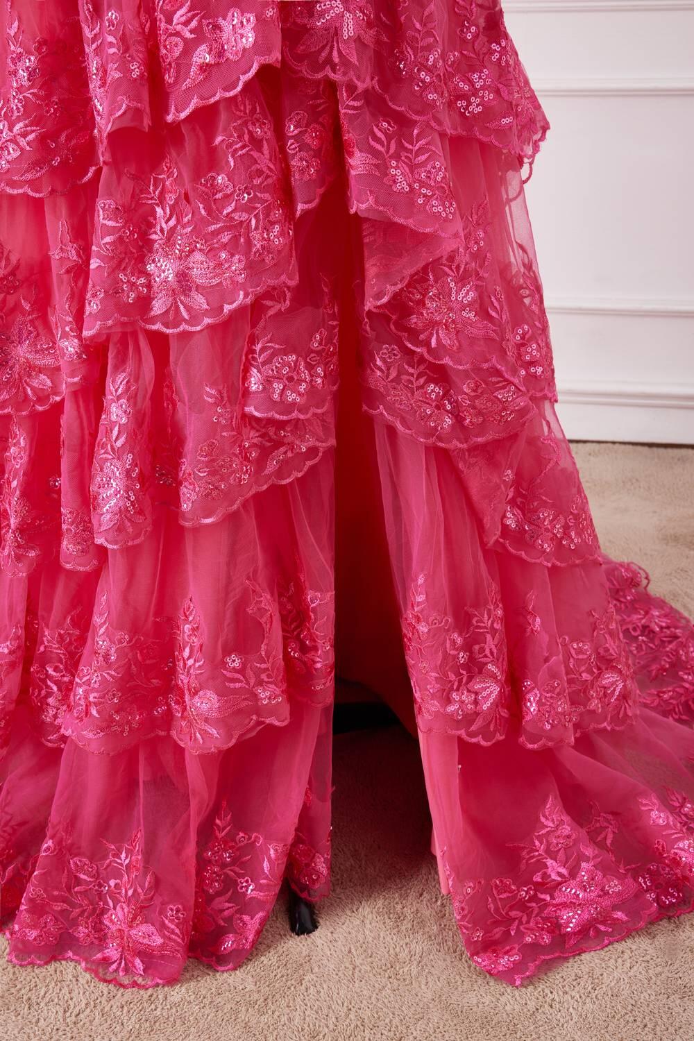 Fuchsia Off the Shoulder Appliques Tiered Formal Dress