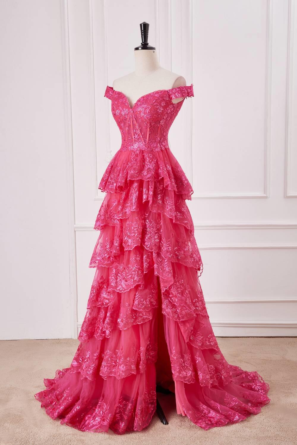 Fuchsia Off the Shoulder Appliques Tiered Formal Dress