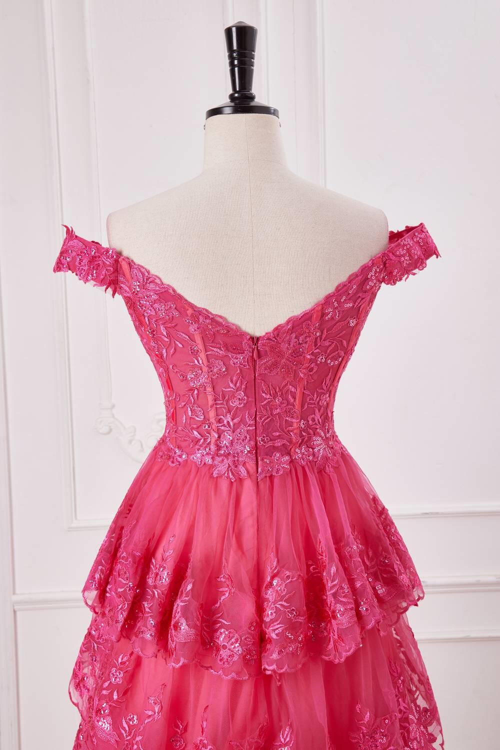 Fuchsia Off the Shoulder Appliques Tiered Formal Dress