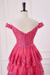 Fuchsia Off the Shoulder Appliques Tiered Formal Dress