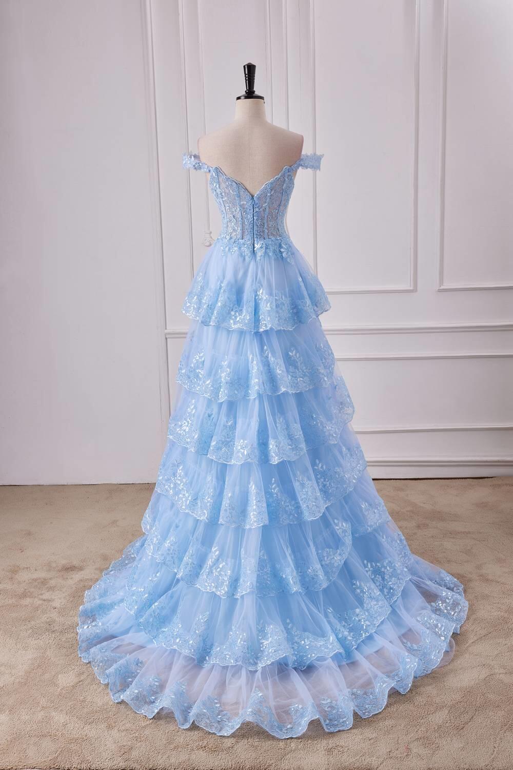 Off the Shoulder Light Blue Ruffles Prom Gown