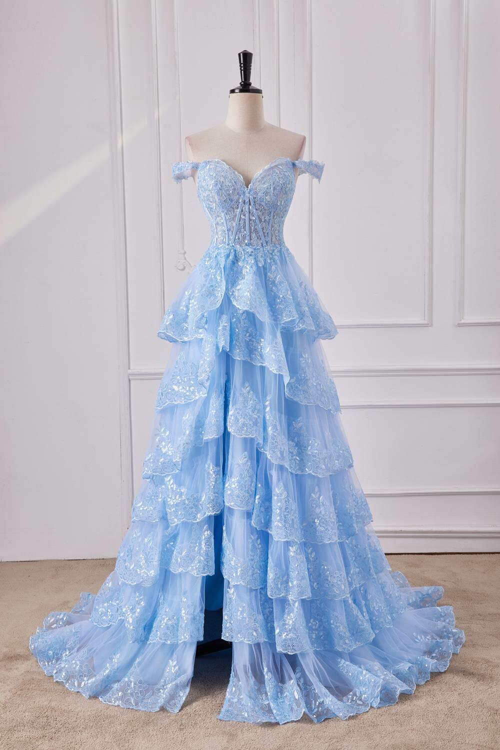 Off the Shoulder Light Blue Ruffles Prom Gown