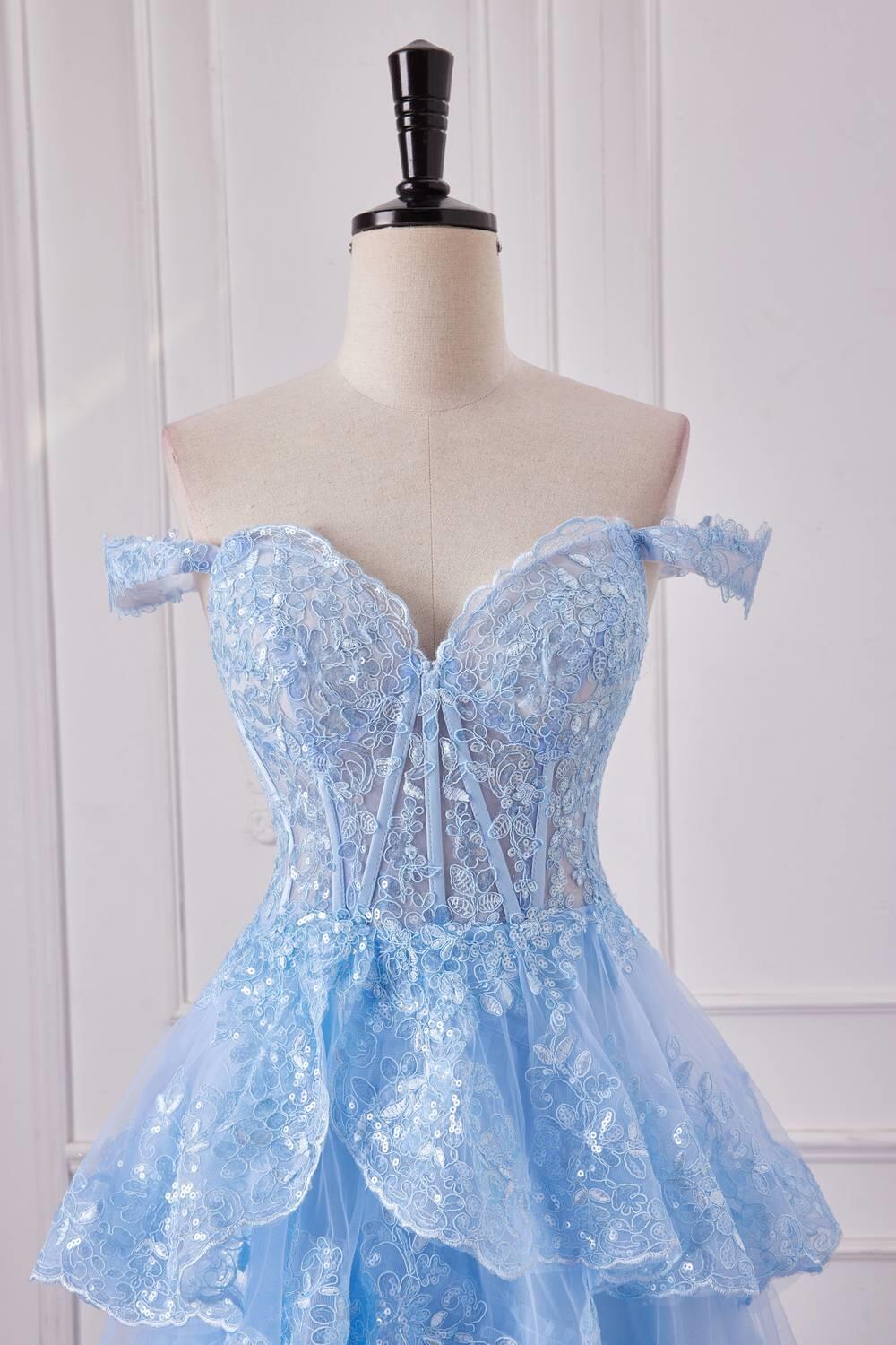 Off the Shoulder Light Blue Ruffles Prom Gown