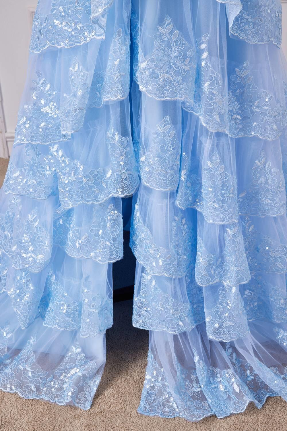 Off the Shoulder Light Blue Ruffles Prom Gown