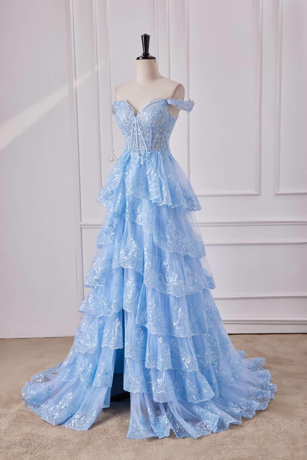 Off the Shoulder Light Blue Ruffles Prom Gown