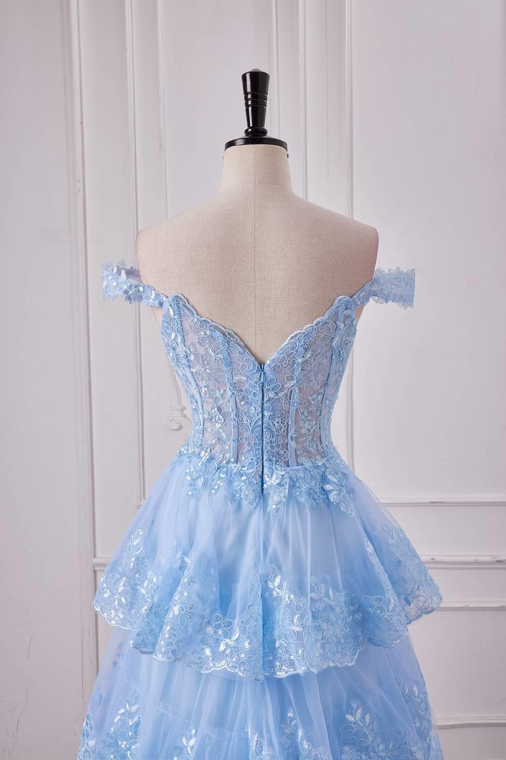 Off the Shoulder Light Blue Ruffles Prom Gown