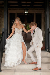 Off-the-Shoulder Light Blue Ruffled Prom Gown