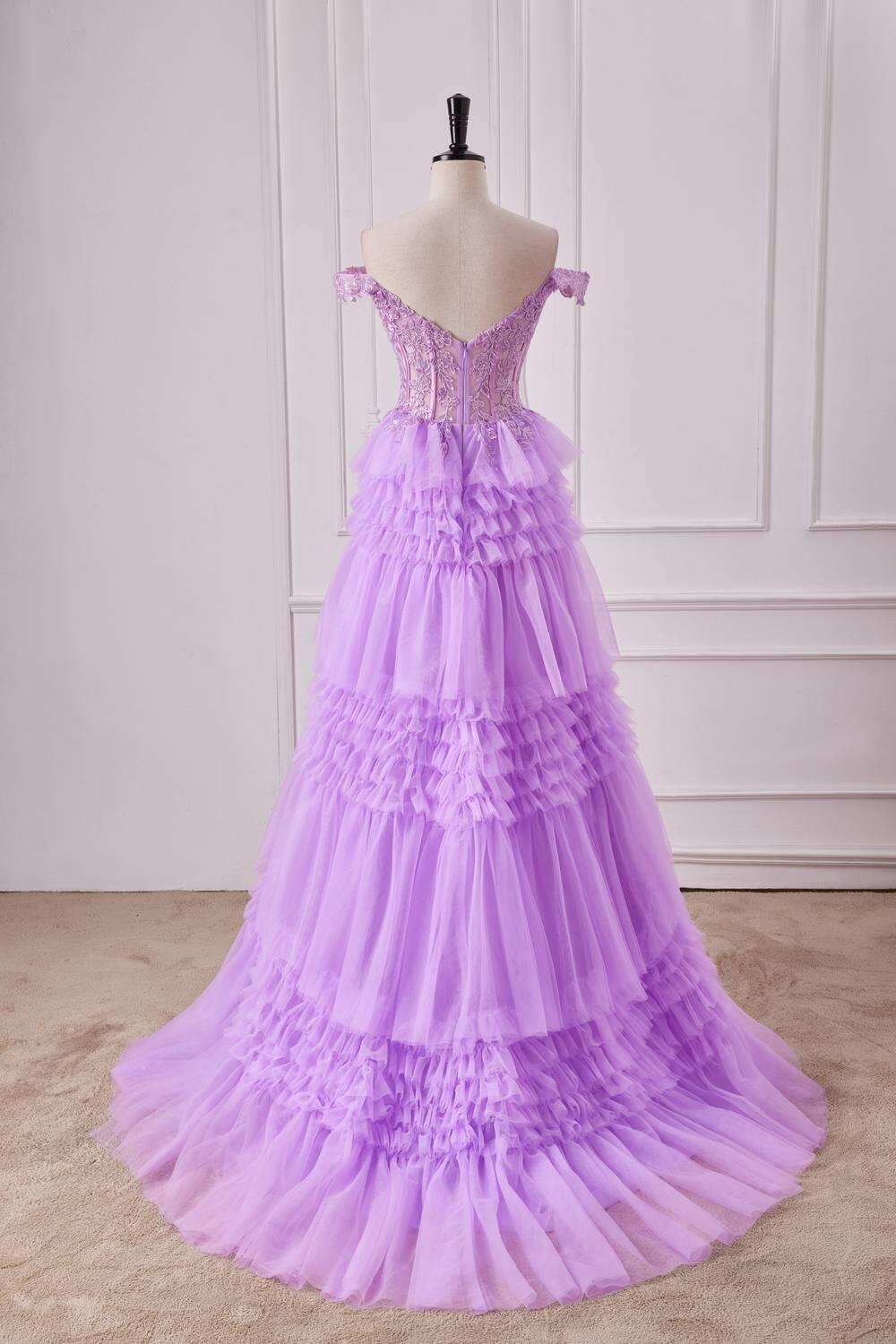 Lilac Off the Shoulder Appliques Tiered Ruffles Ball Gown