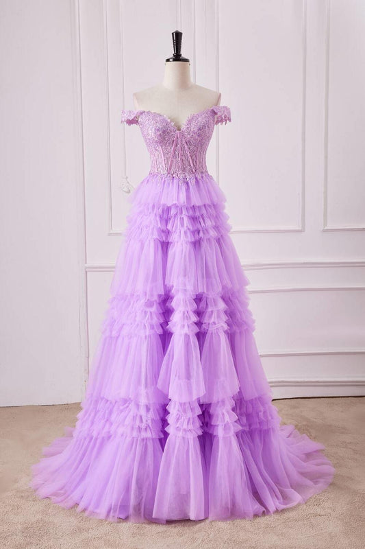 Lilac Off the Shoulder Appliques Tiered Ruffles Ball Gown