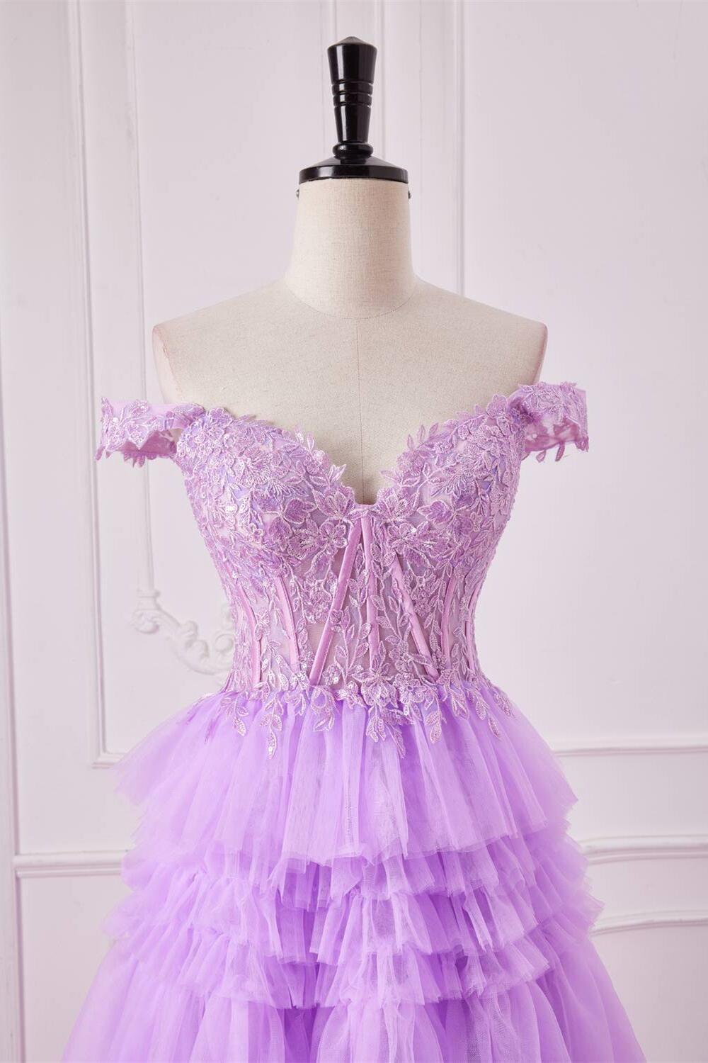 Lilac Off the Shoulder Appliques Tiered Ruffles Ball Gown