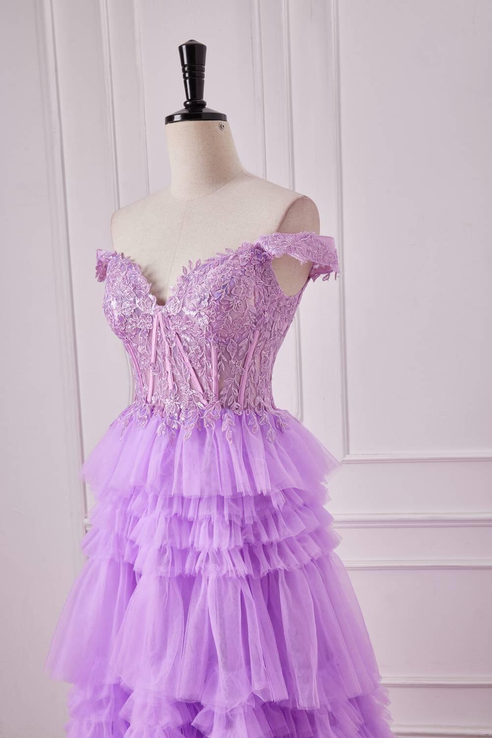 Lilac Off the Shoulder Appliques Tiered Ruffles Ball Gown