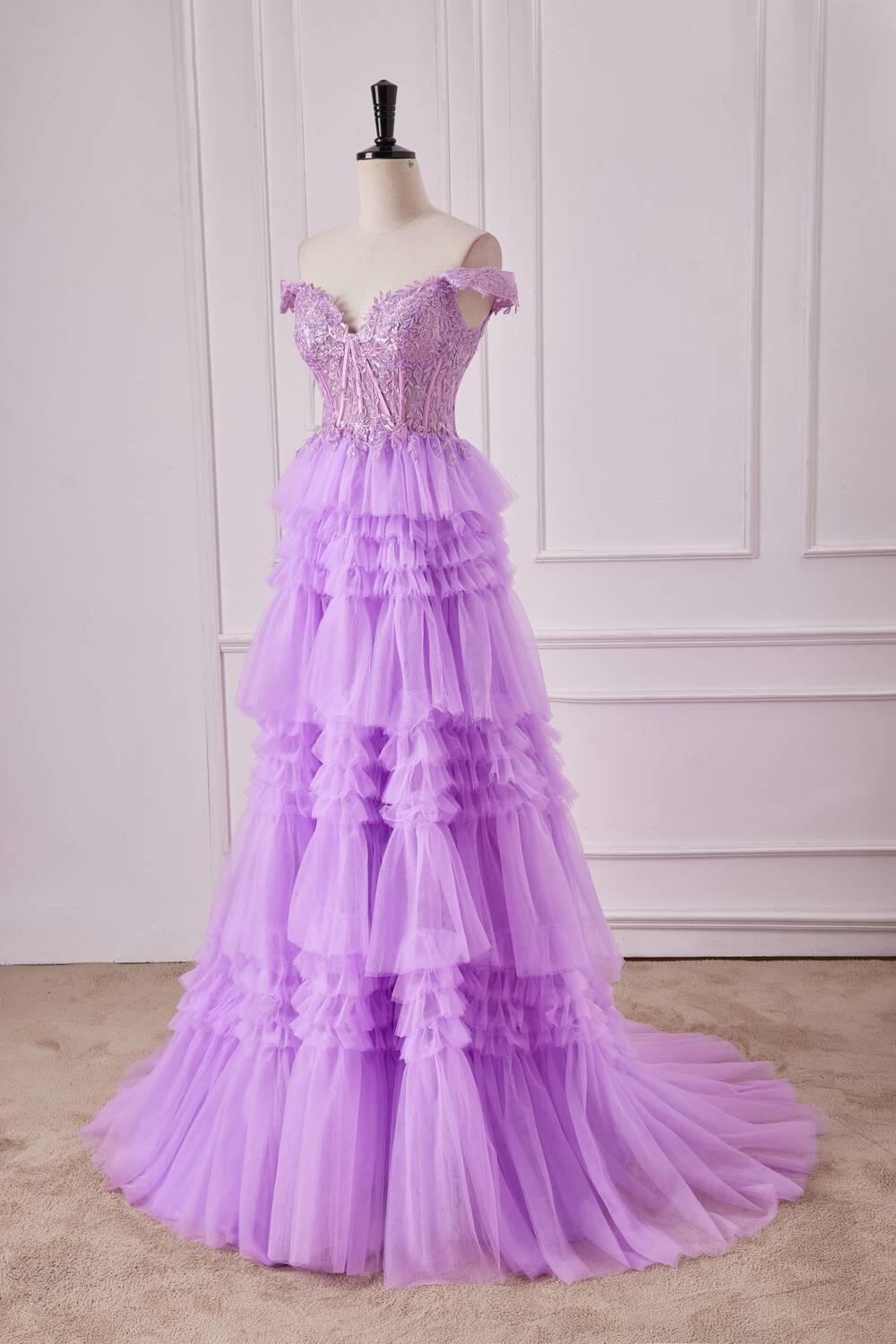 Lilac Off the Shoulder Appliques Tiered Ruffles Ball Gown