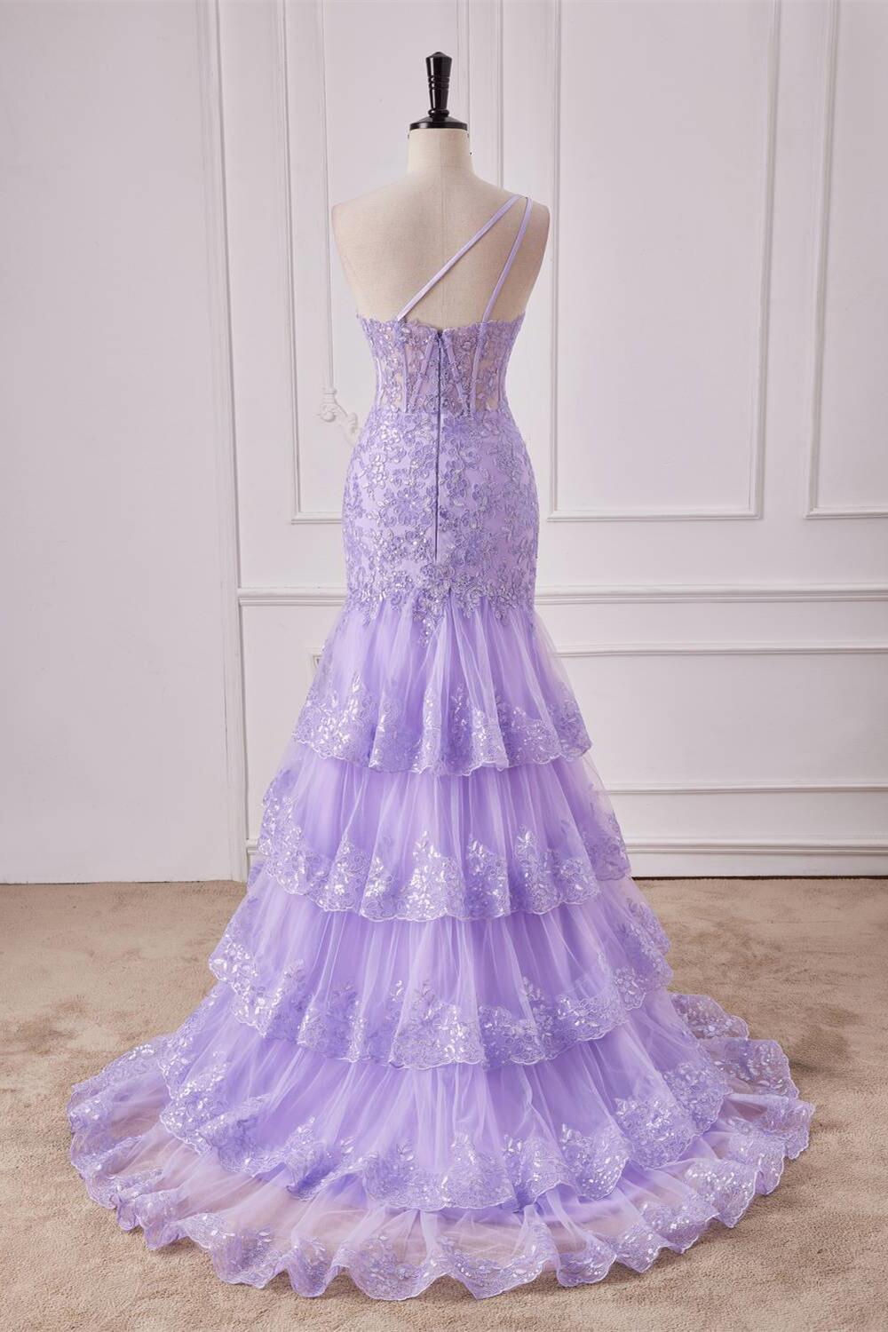 One Shoulder Lilac Appliques Mermaid Ruffles Long Dress