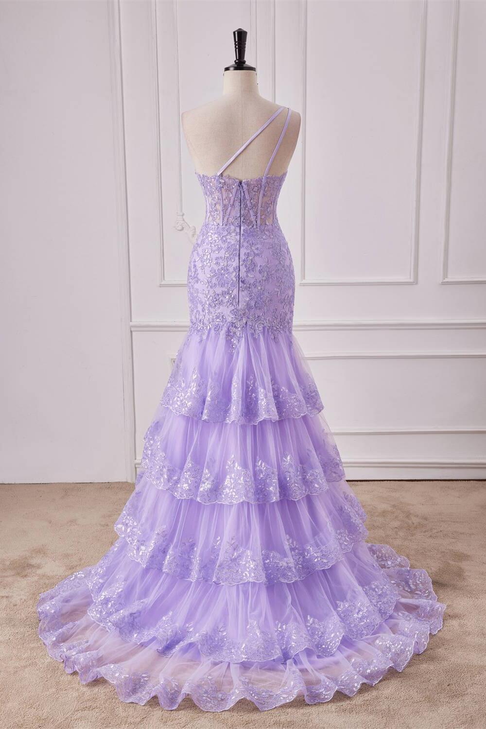 One Shoulder Lilac Appliques Mermaid Ruffles Long Dress