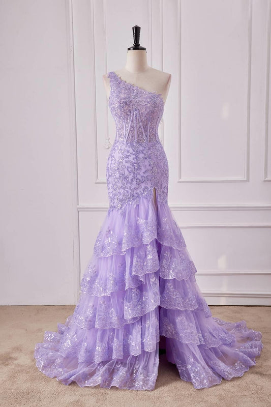 One Shoulder Lilac Appliques Mermaid Ruffles Long Dress