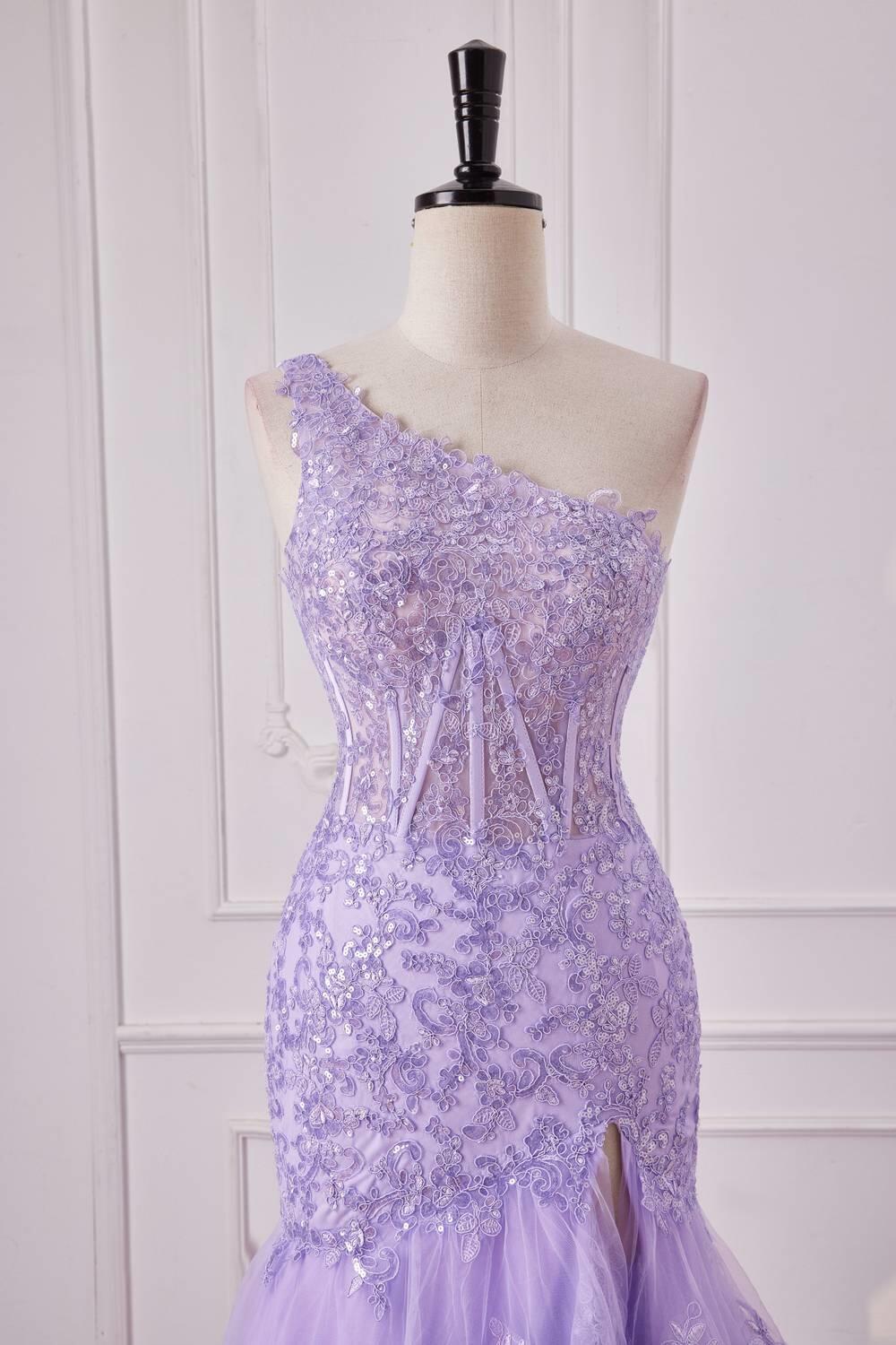 One Shoulder Lilac Appliques Mermaid Ruffles Long Dress