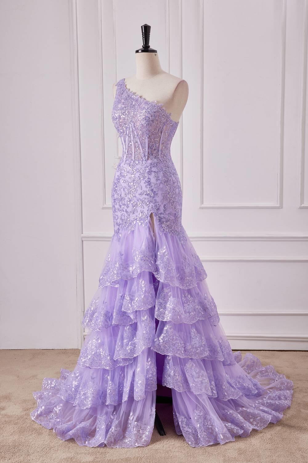 One Shoulder Lilac Appliques Mermaid Ruffles Long Dress