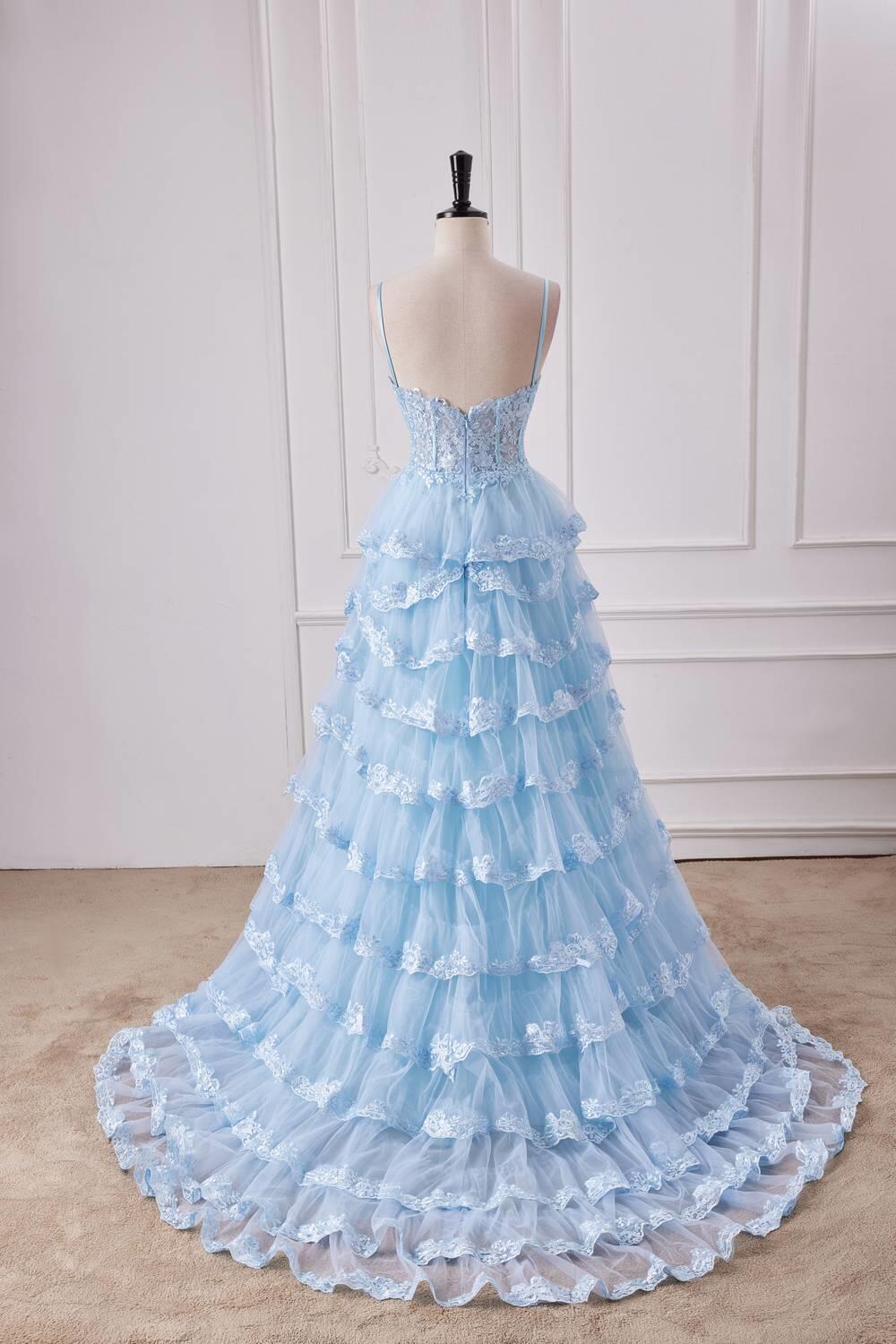 Straps Light Blue Appliques Ruffles Long Formal Gown