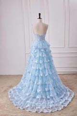 Straps Light Blue Appliques Ruffles Long Formal Gown