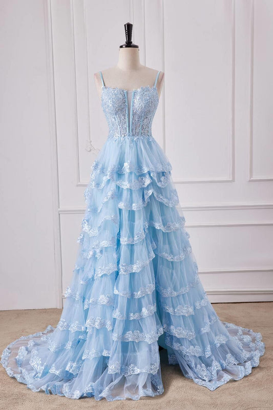 Straps Light Blue Appliques Ruffles Long Formal Gown