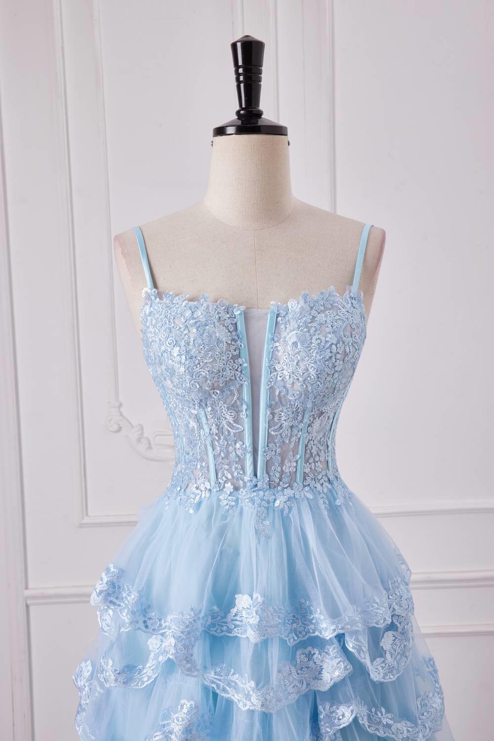 Straps Light Blue Appliques Ruffles Long Formal Gown