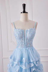 Straps Light Blue Appliques Ruffles Long Formal Gown