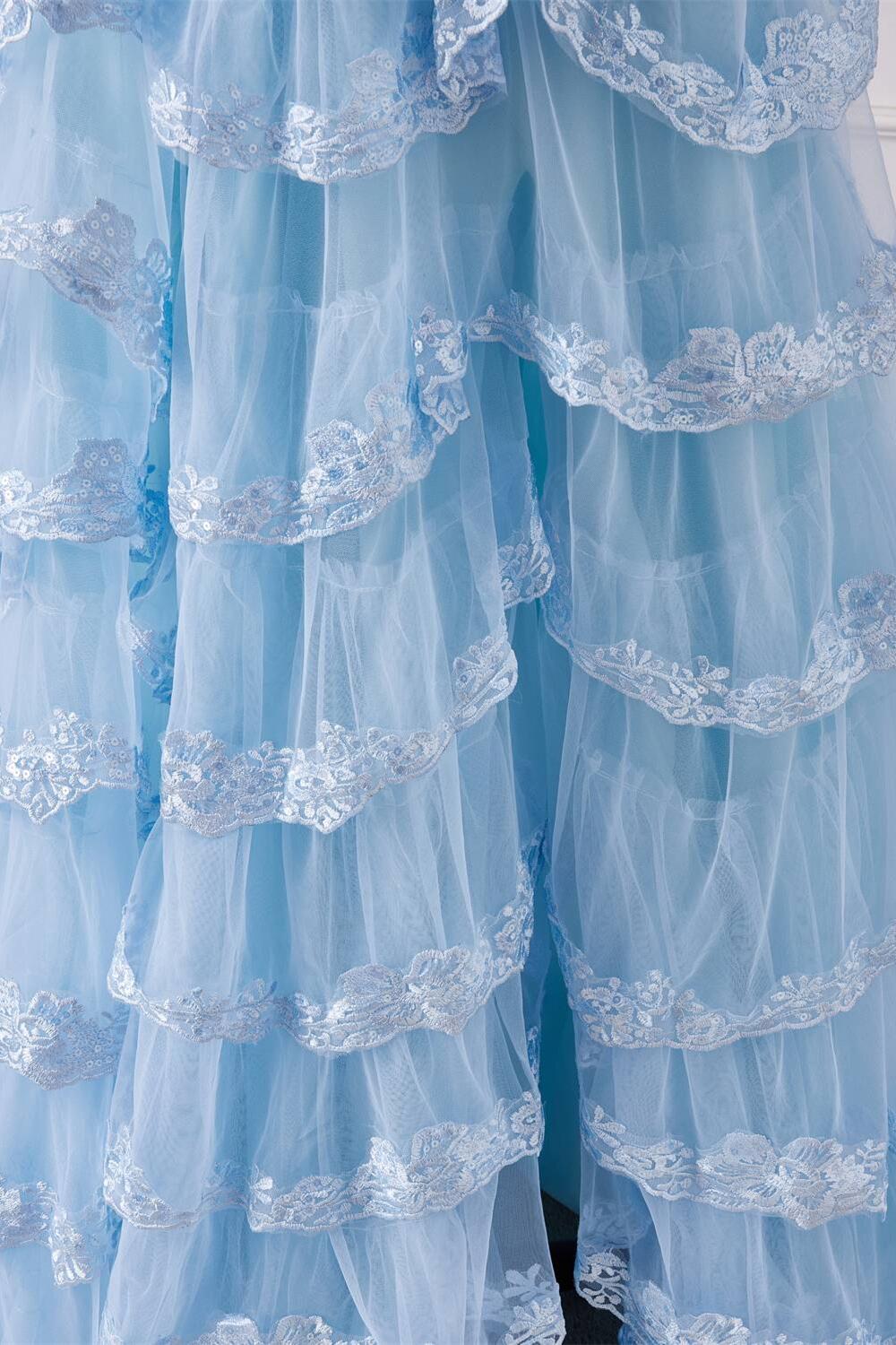 Straps Light Blue Appliques Ruffles Long Formal Gown