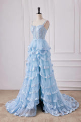 Straps Light Blue Appliques Ruffles Long Formal Gown