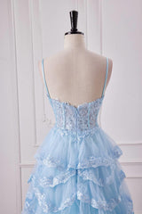 Straps Light Blue Appliques Ruffles Long Formal Gown