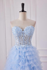 Sweetheart Appliques Light Blue Ruffles Tulle Formal Dress