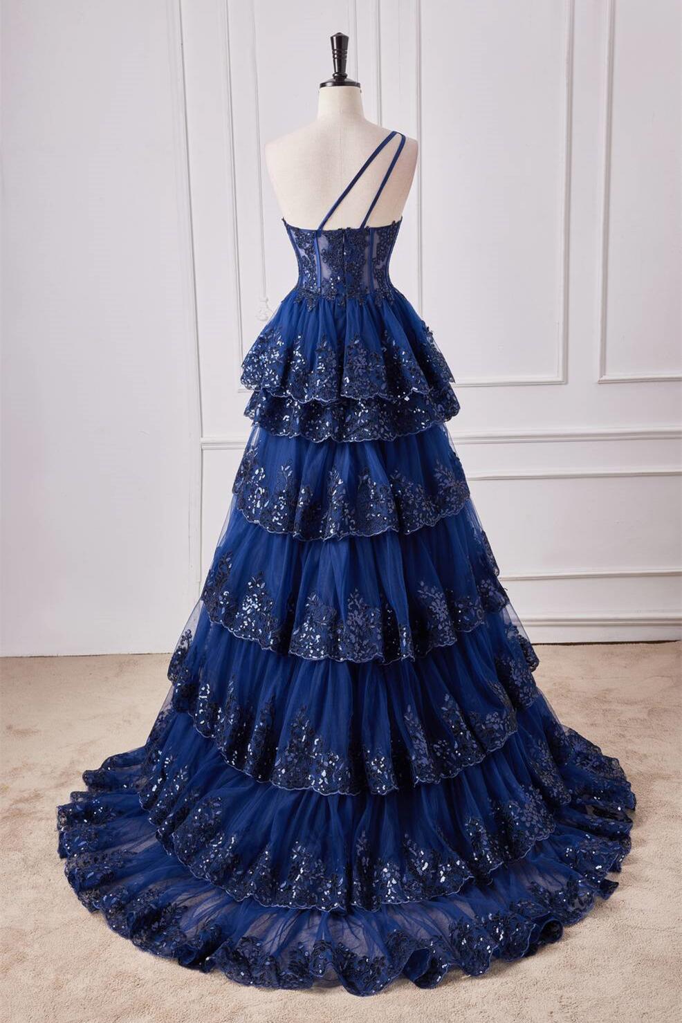 One Shoulder Navy Blue Appliques Tiered Ruffles Prom Dress