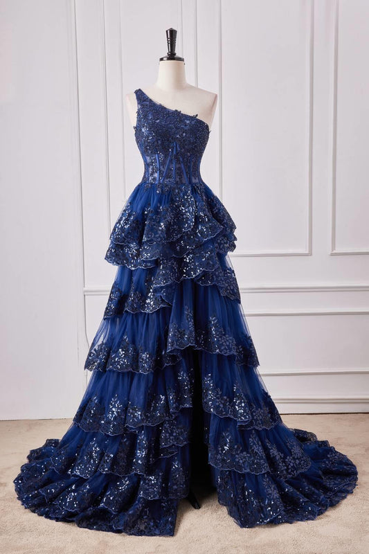 One Shoulder Navy Blue Appliques Tiered Ruffles Prom Dress