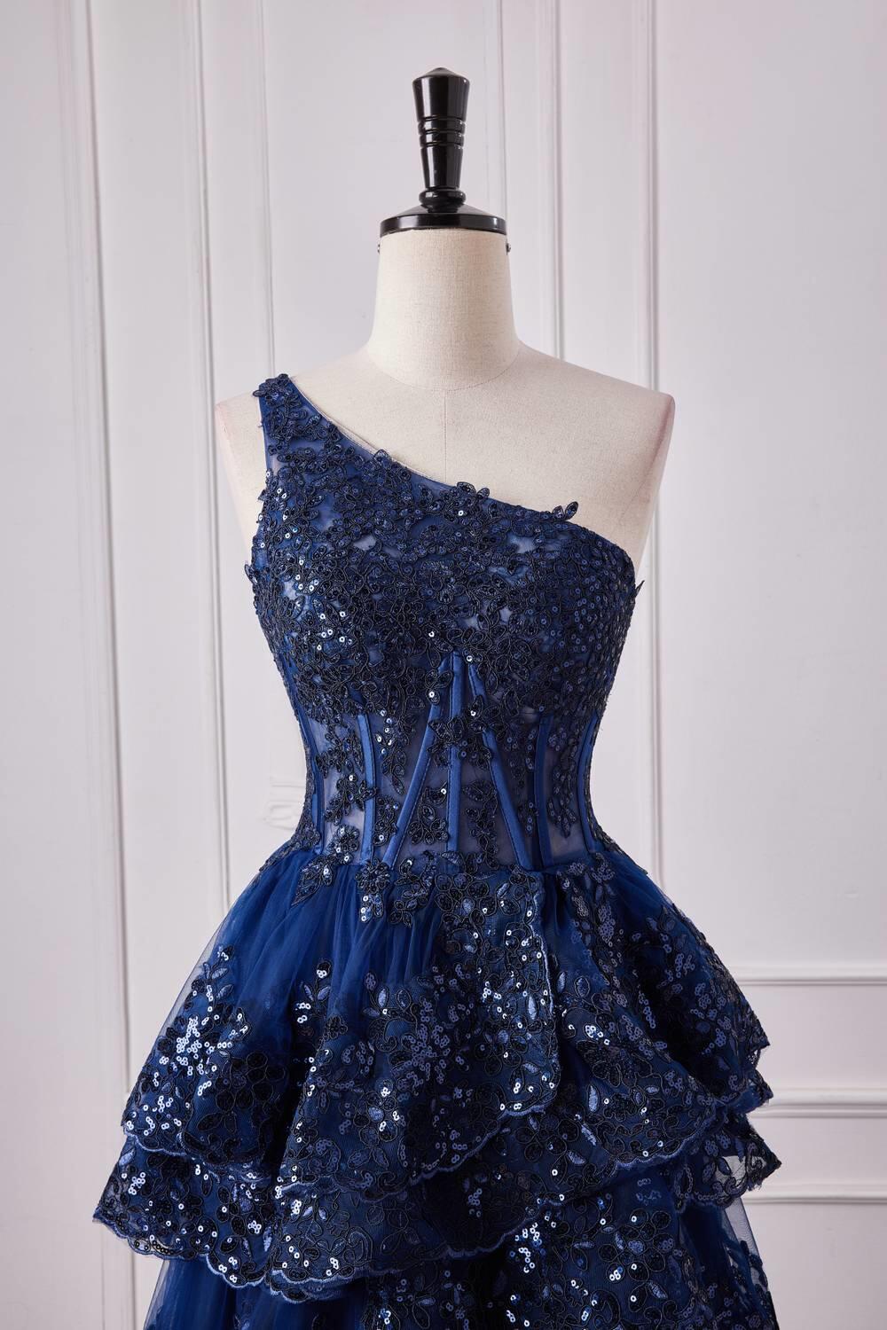 One Shoulder Navy Blue Appliques Tiered Ruffles Prom Dress