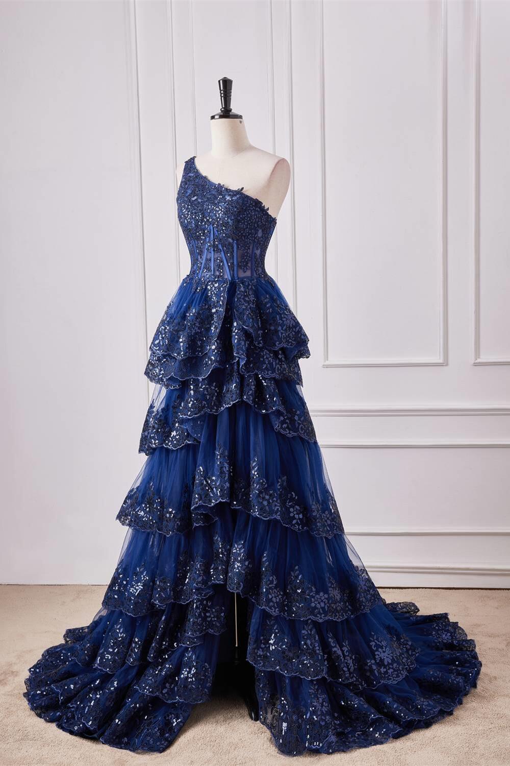 One Shoulder Navy Blue Appliques Tiered Ruffles Prom Dress