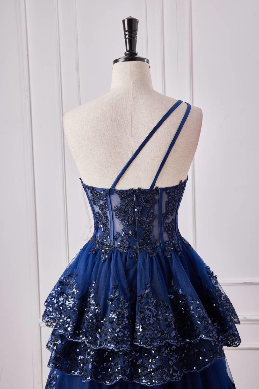 One Shoulder Navy Blue Appliques Tiered Ruffles Prom Dress