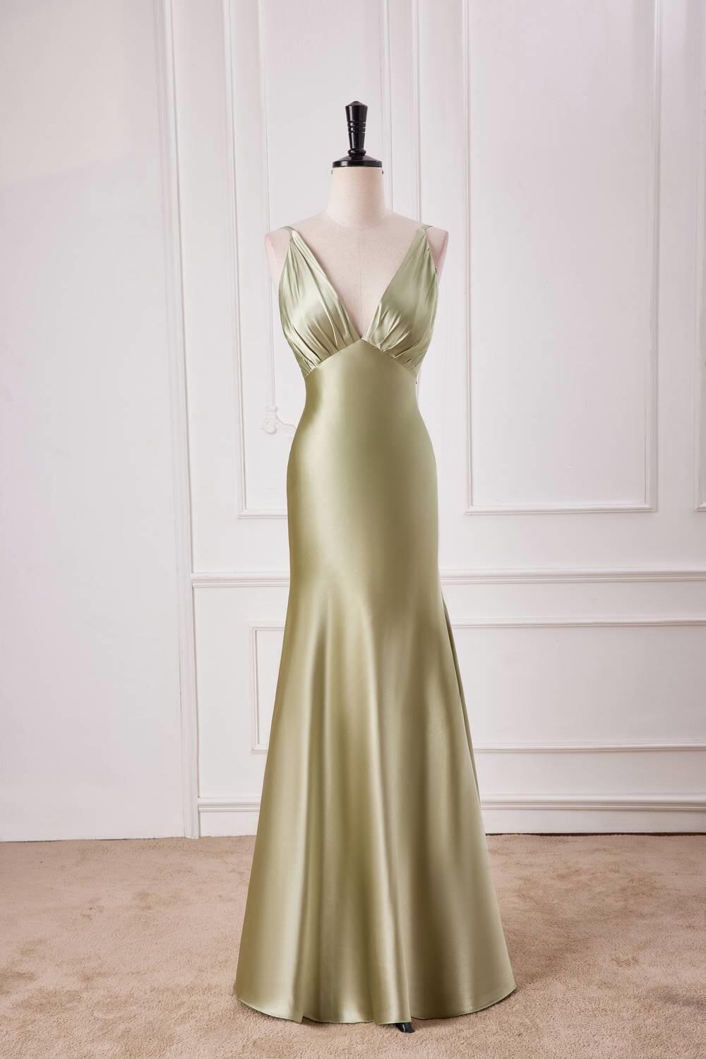 Empire Sage Green Silk Long Party Dress