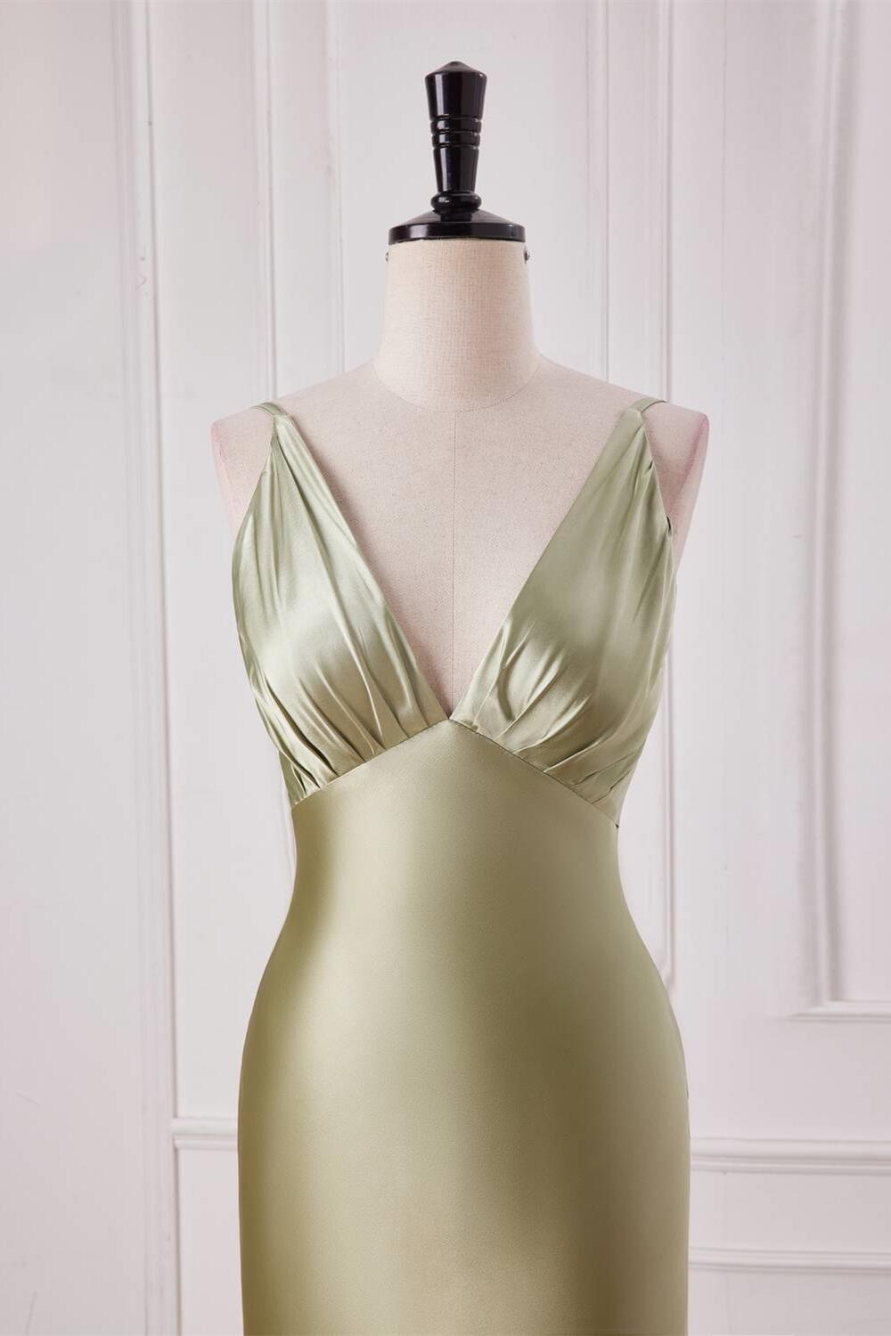 Empire Sage Green Silk Long Party Dress