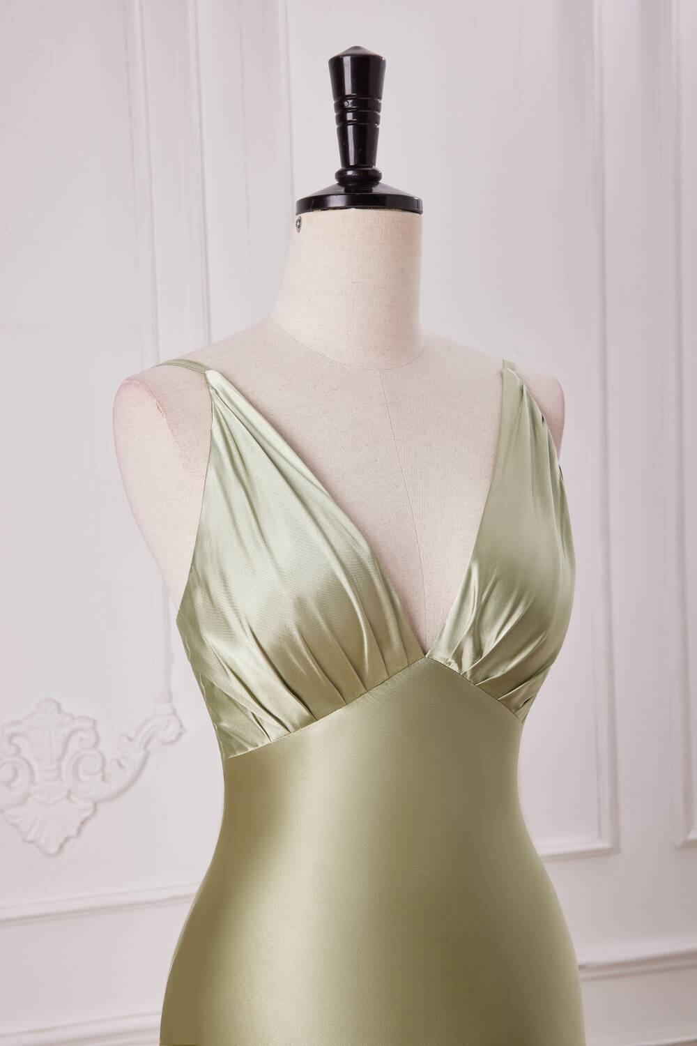 Empire Sage Green Silk Long Party Dress