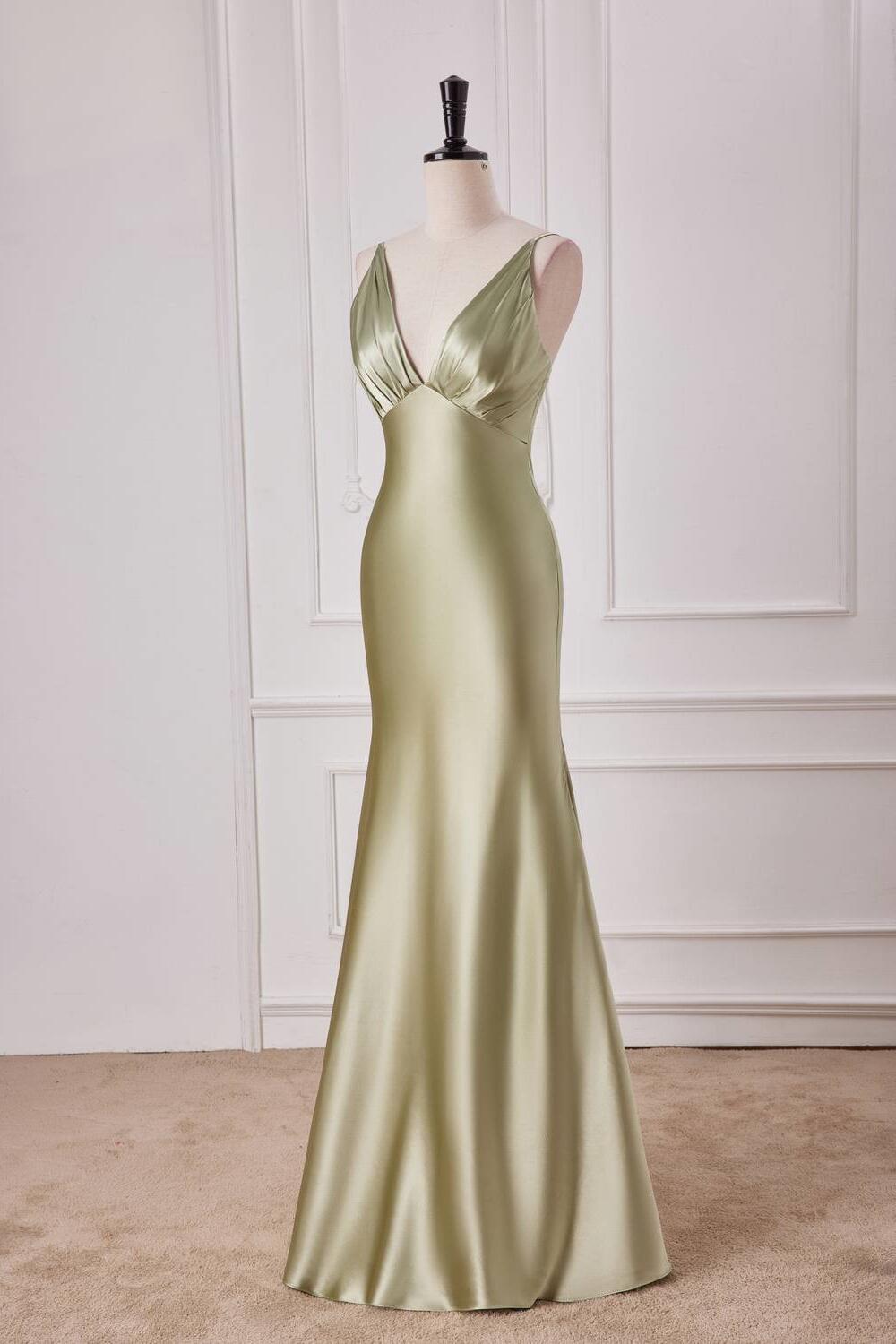 Empire Sage Green Silk Long Party Dress