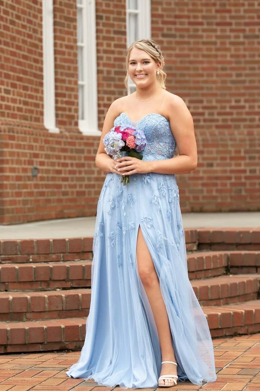 Blue Lace Appliques Tulle A-line Long Formal Dress