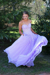 Blue Lace Appliques Tulle A-line Long Formal Dress