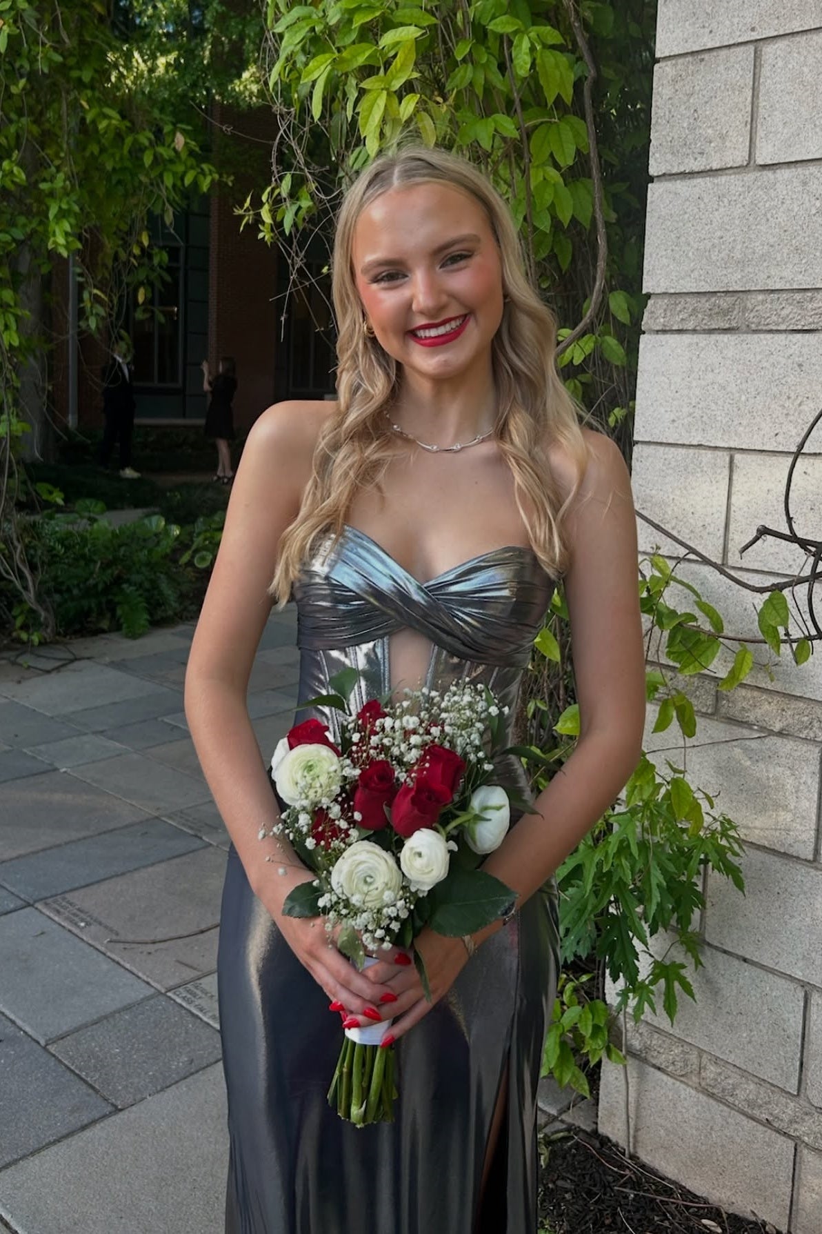 Peacock Metallic Sweetheart Hollowed-out Long Dress with Slit