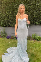 Blue Spaghetti Strap Sequin Long Mermaid Dress