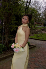 Yellow Satin Fitted Floor-Length Dress