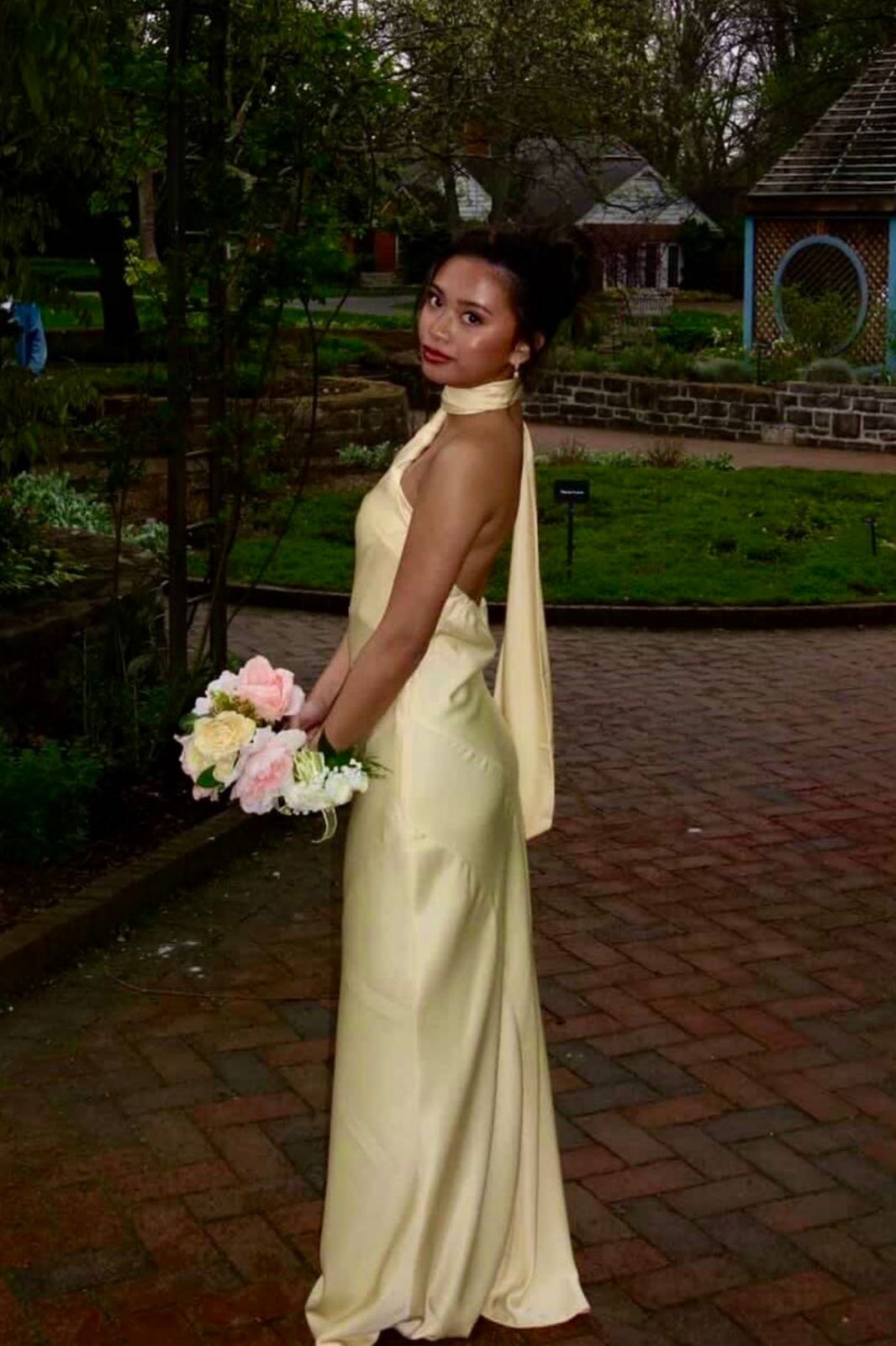 Yellow Satin Fitted Floor-Length Dress