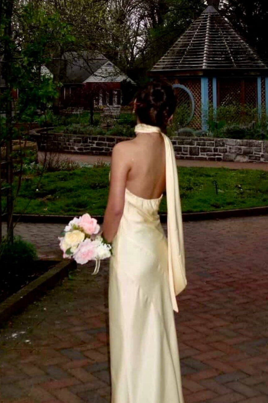 Yellow Satin Fitted Floor-Length Dress