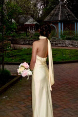 Yellow Satin Fitted Floor-Length Dress