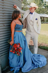 Blue Satin A-Line Two Piece Dress