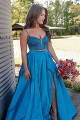 Blue Satin A-Line Two Piece Dress